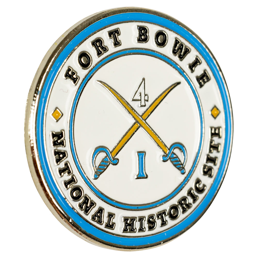 Round badge with 'Fort Bowie National Historic Site' text and crossed swords design on a white background