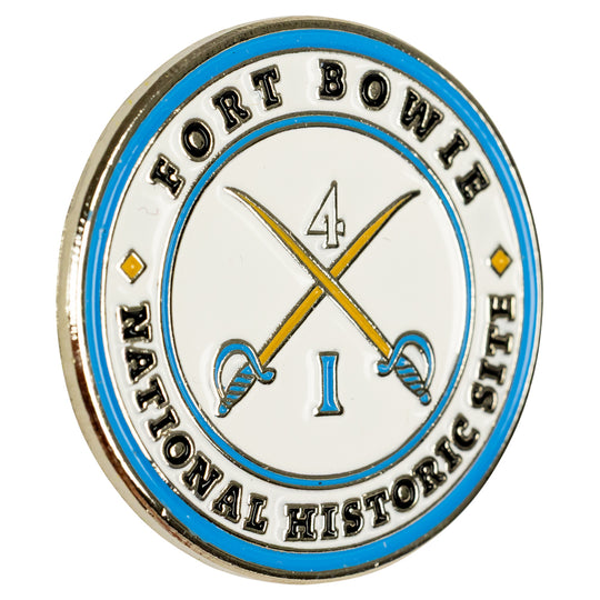 Round badge with 'Fort Bowie National Historic Site' text and crossed swords design on a white background