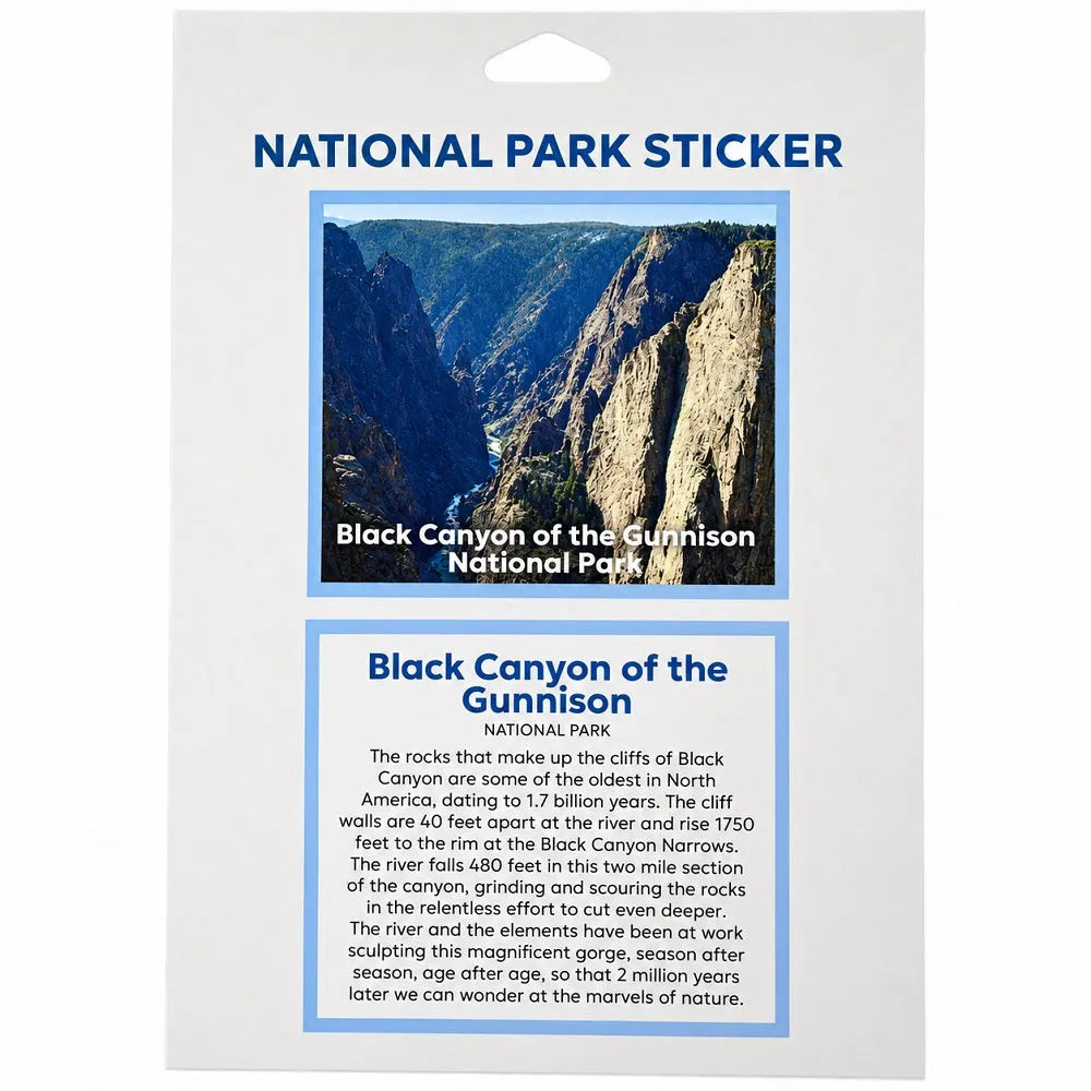 A National Park sticker for Black Canyon of the Gunnison National Park, displayed in its clear plastic retail packaging. The sticker features a photograph of the canyon cliffs and a block of descriptive text below it.