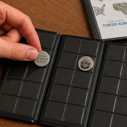 A close-up of a black plastic token album being opened, with a hand placing a round silver coin into one of the slots. Another silver coin is already inserted.