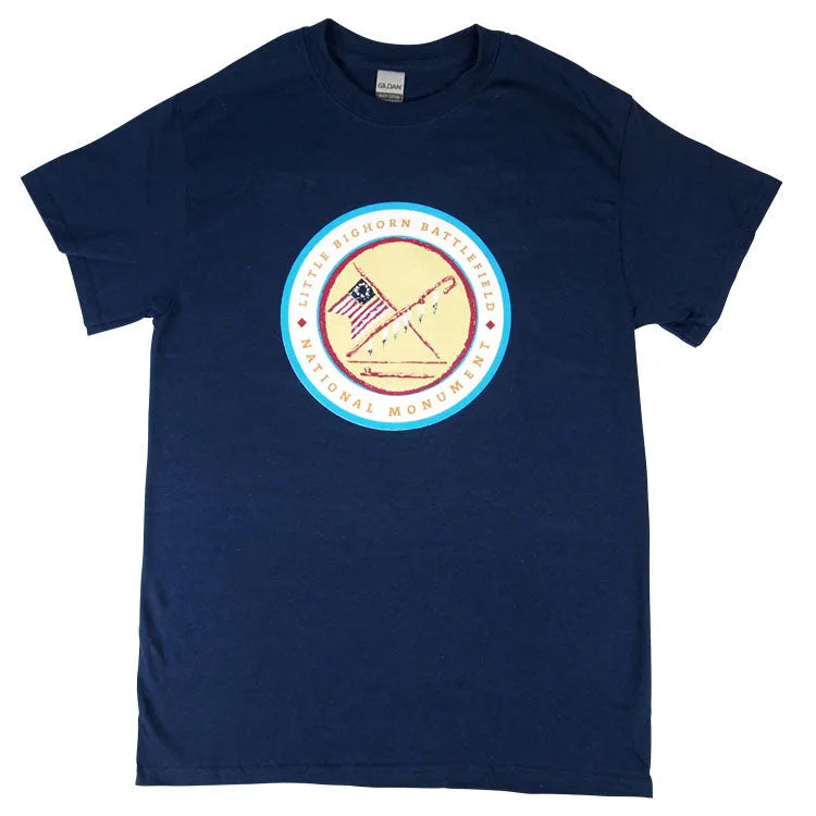 Dark blue Little Bighorn Battlefield National Monument T-Shirt with round logo on a white background