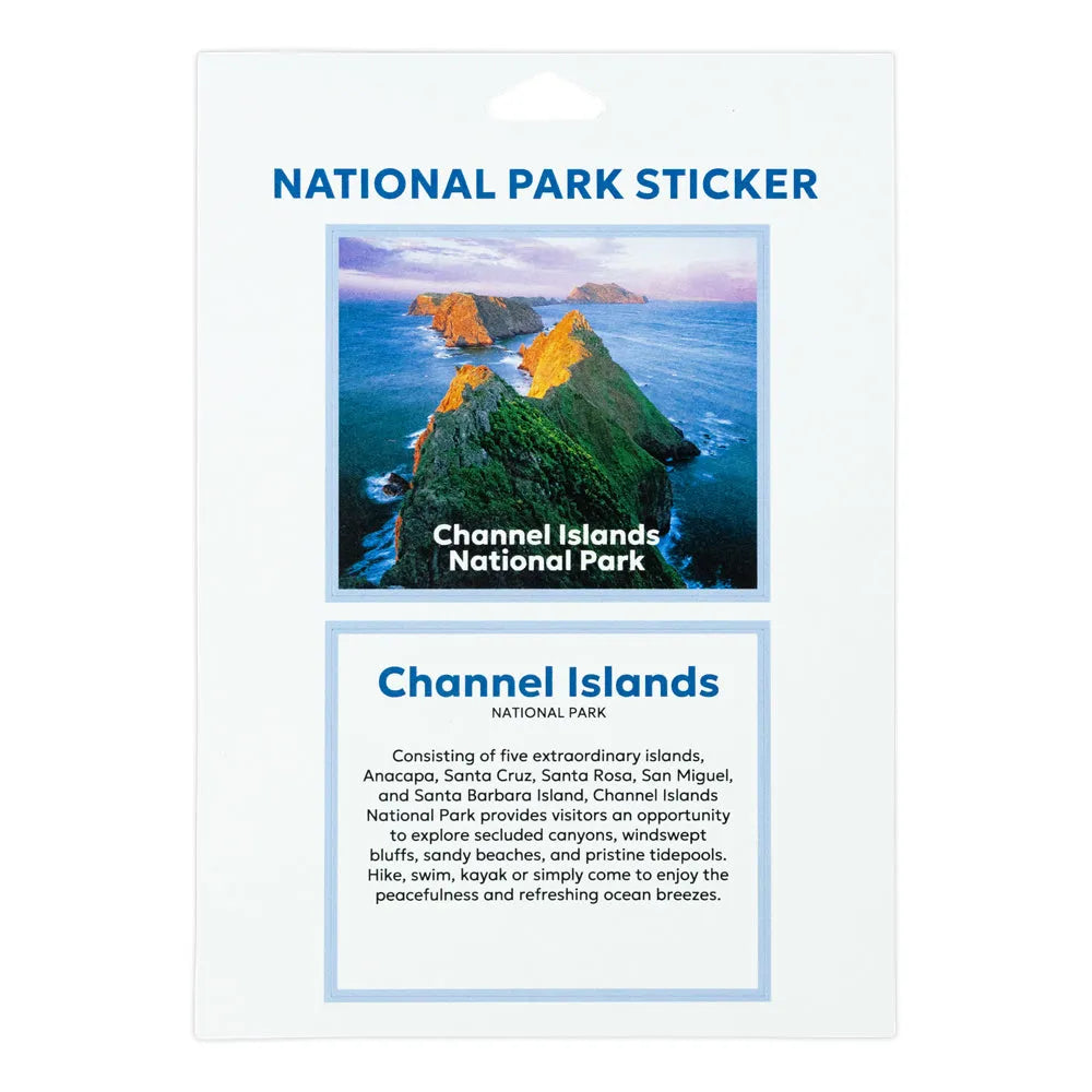 A National Park Sticker for Channel Islands National Park, featuring a scenic photograph of green cliffs and blue ocean, with a text box detailing the park's features below.