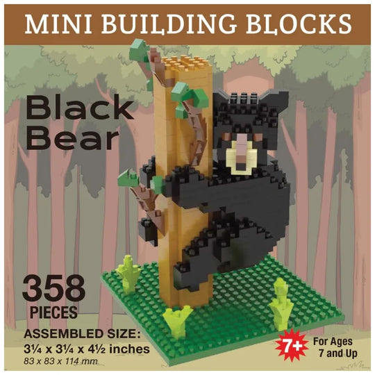 Mini building blocks set of a black bear in a forest setting with packaging details.