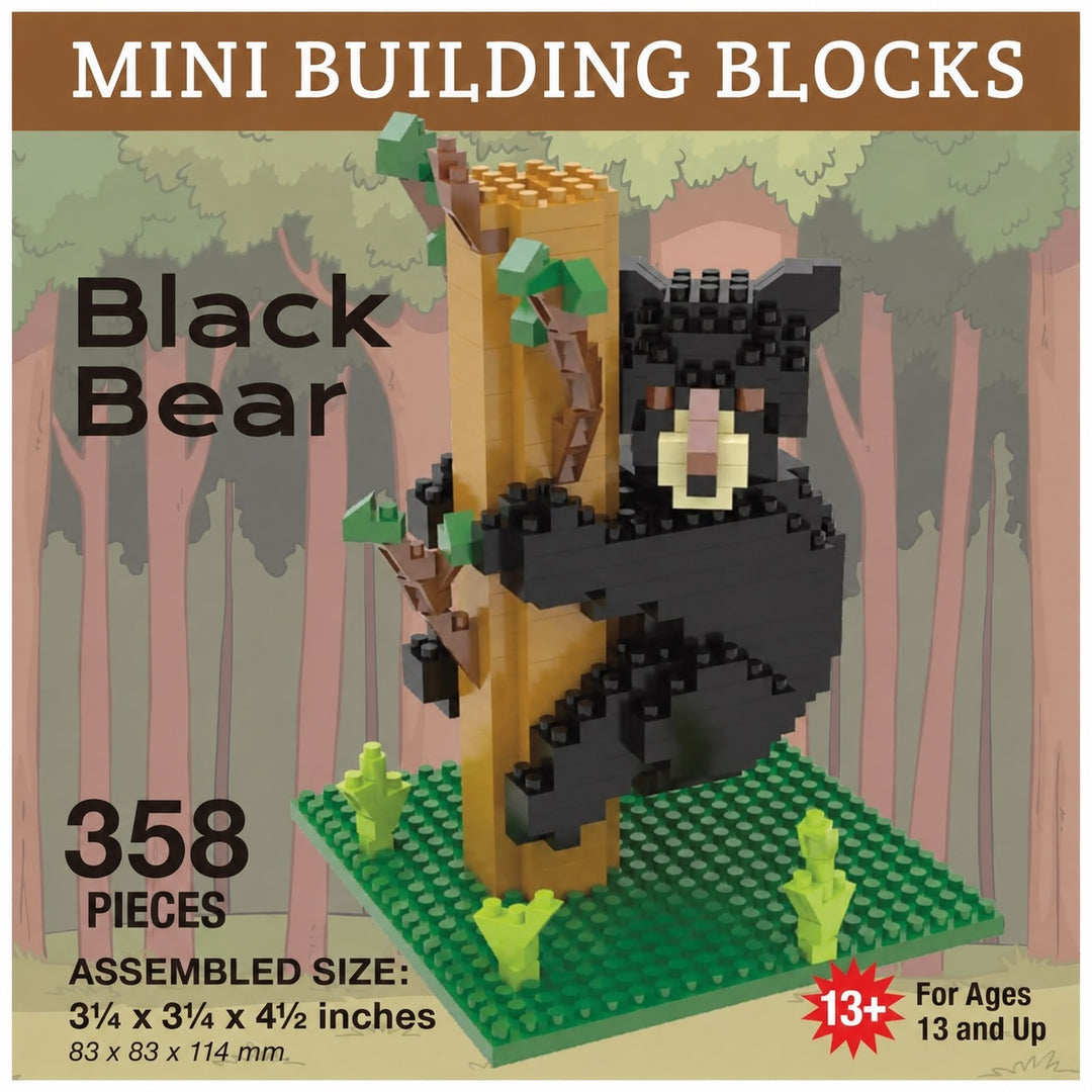 Black bear mini building blocks set with 358 pieces, featuring an assembled black bear on a tree with a green base, shown against a forest background with product details and text overlays.