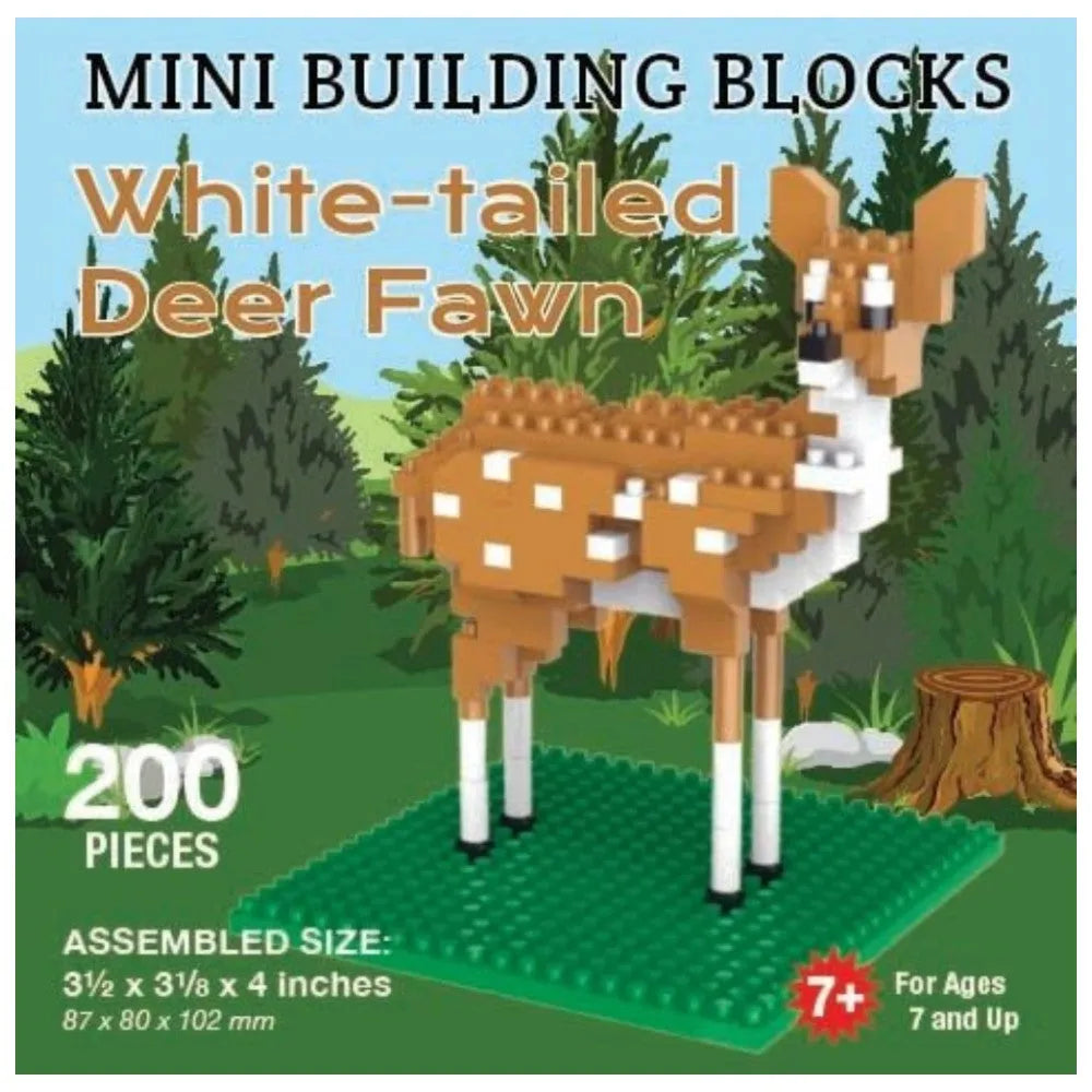 Mini building blocks set of a white-tailed deer fawn with packaging details.