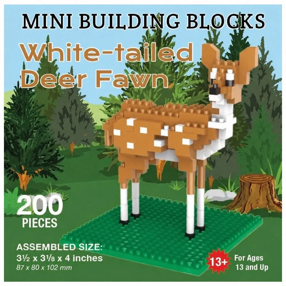 Mini building blocks set of a white-tailed deer fawn with packaging details.