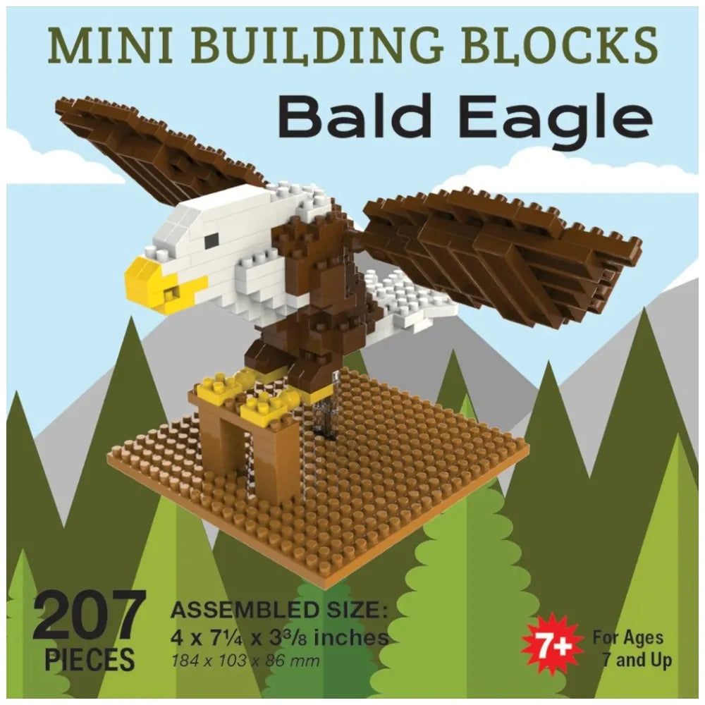 Mini building blocks set of a bald eagle with packaging details.