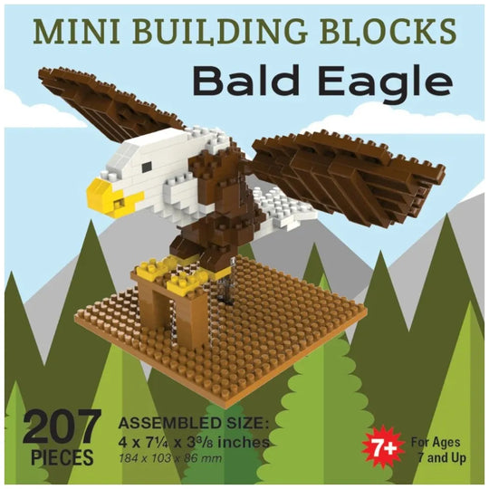Mini building blocks set of a bald eagle with packaging details.