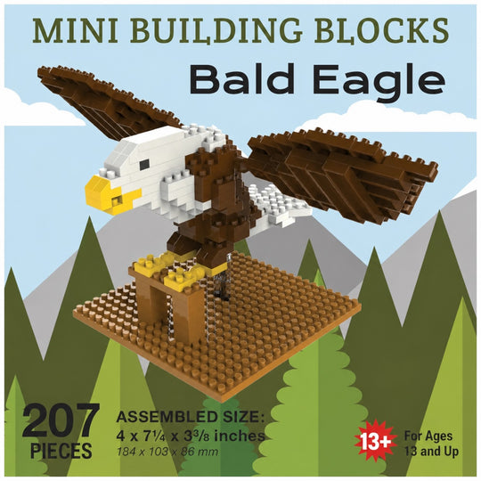 Mini building blocks set for constructing a bald eagle, featuring 207 pieces on a brown base plate. The image shows the assembled eagle model floating over a stylized background of green pine trees and gray mountains under a light blue sky.