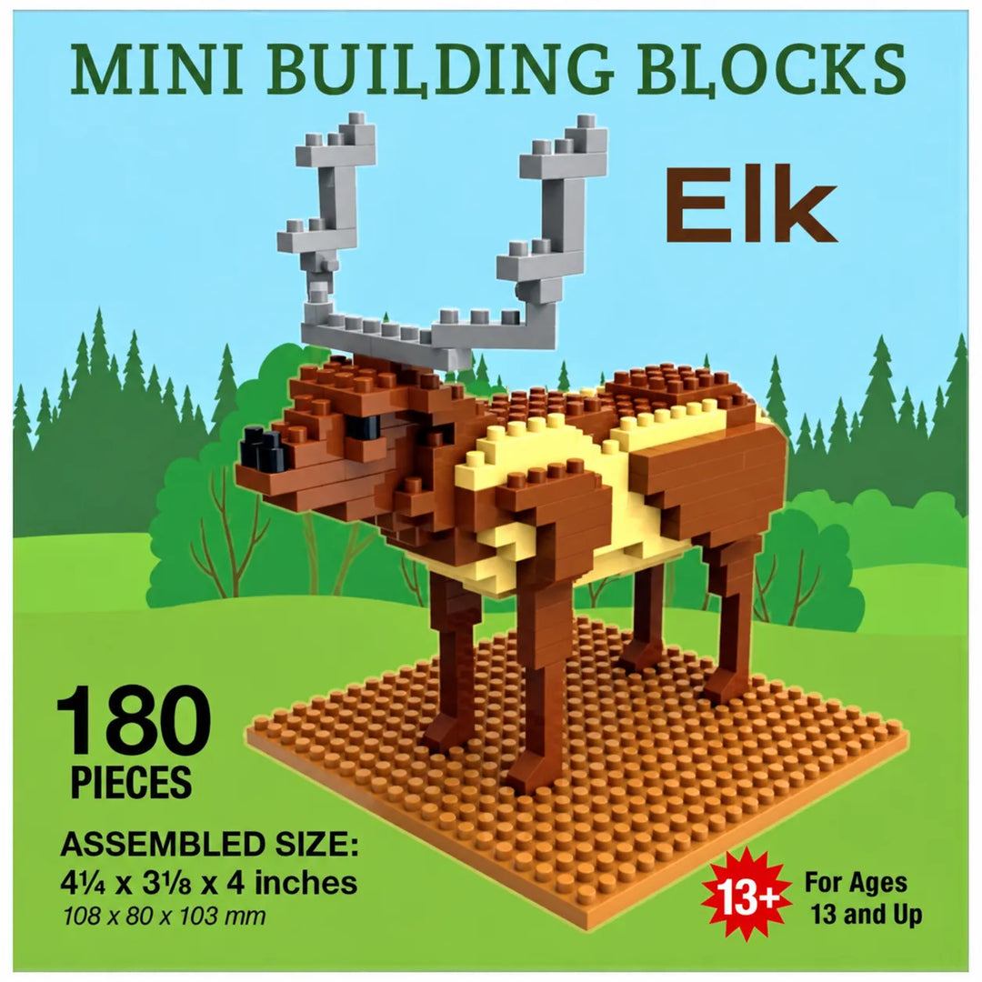 A product graphic for a mini building blocks set that constructs an elk. The assembled brick-built elk stands on a brown base plate against a green forest background with a light blue sky.