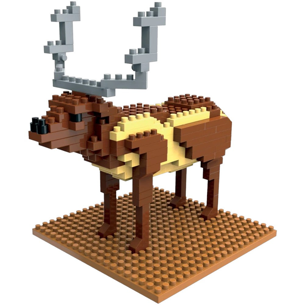 A small brick-built animal figure resembling a deer or reindeer, constructed from brown, tan, and light yellow pieces, with gray antlers, standing on a tan base against a plain white background.