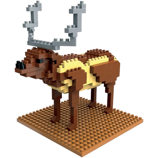 A small brick-built animal figure resembling a deer or reindeer, constructed from brown, tan, and light yellow pieces, with gray antlers, standing on a tan base against a plain white background.
