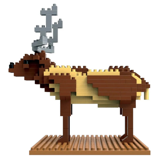 A block-built reindeer sculpture made from brown, tan, and gray interlocking bricks, standing on a brown base against a plain white background.