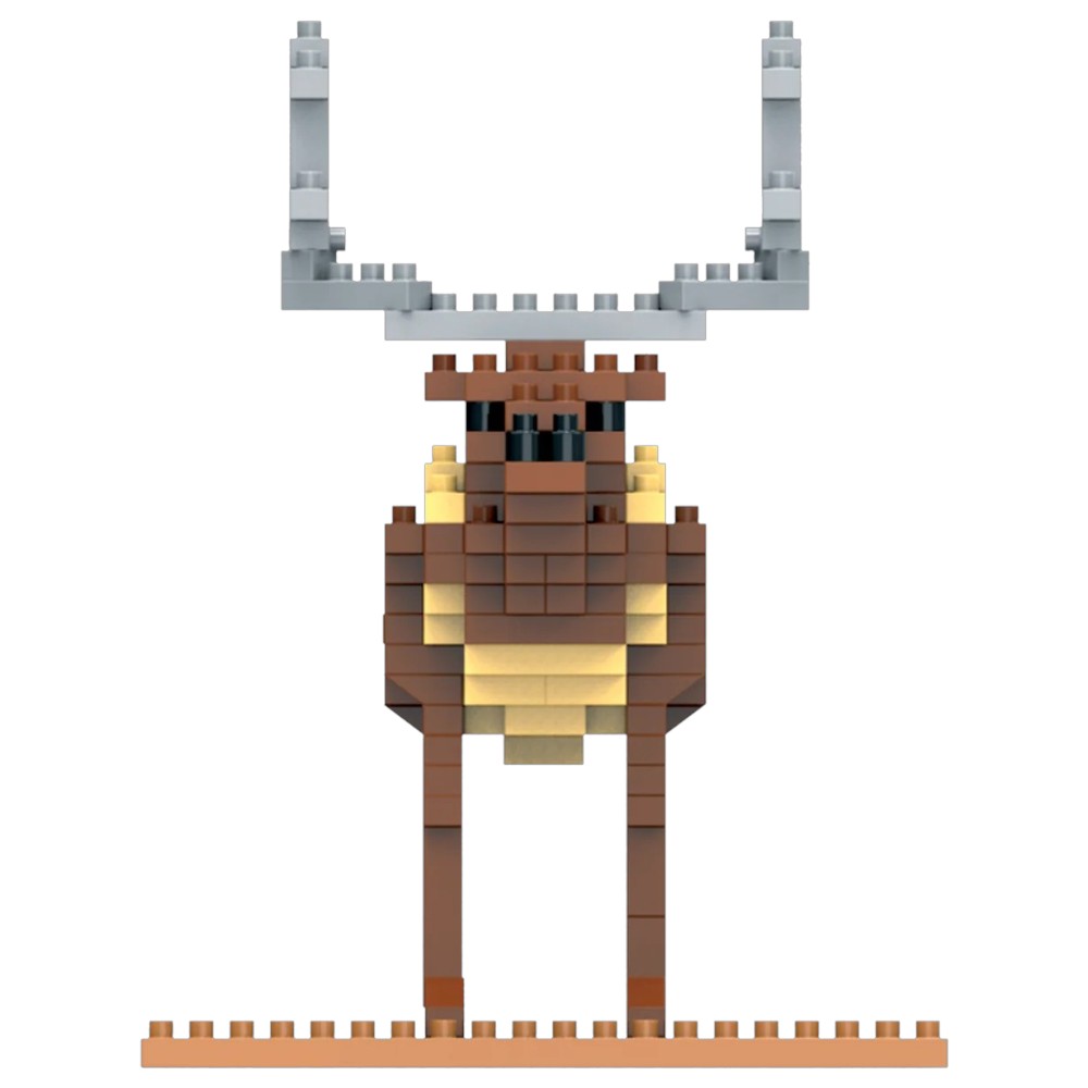 A pixel-art elk figure built from small rectangular blocks, shown front-facing on a plain white background. The moose is primarily brown with cream/yellow accents on the neck and chest, and gray antlers.