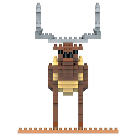 A pixel-art elk figure built from small rectangular blocks, shown front-facing on a plain white background. The moose is primarily brown with cream/yellow accents on the neck and chest, and gray antlers.