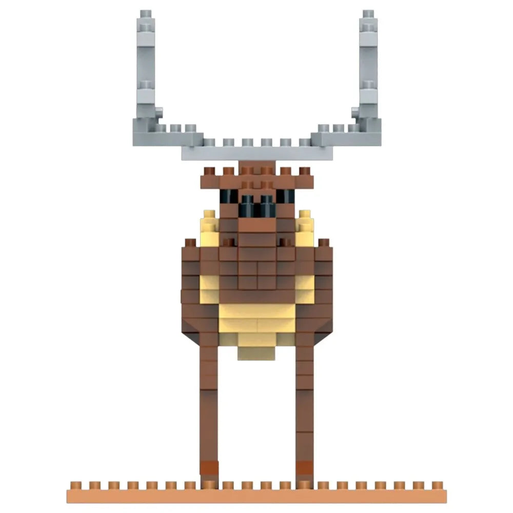 A pixel-art elk figure built from small rectangular blocks, shown front-facing on a plain white background. The moose is primarily brown with cream/yellow accents on the neck and chest, and gray antlers.