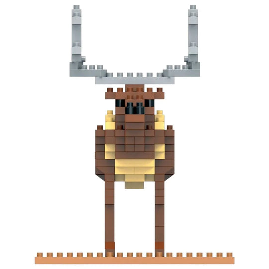 A pixel-art elk figure built from small rectangular blocks, shown front-facing on a plain white background. The moose is primarily brown with cream/yellow accents on the neck and chest, and gray antlers.