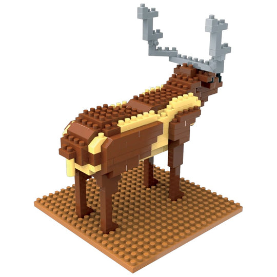 A small brick-built animal model resembling an elk, constructed from brown, tan, and light gray interlocking blocks, standing on a tan base plate against a plain white background.