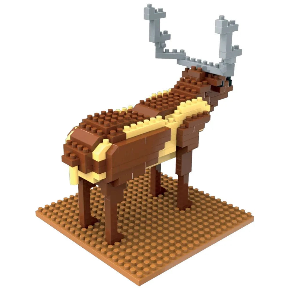 A small brick-built animal model resembling an elk, constructed from brown, tan, and light gray interlocking blocks, standing on a tan base plate against a plain white background.