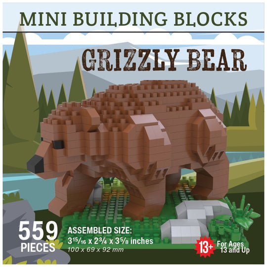 Box-style product graphic for a mini building blocks set featuring an assembled grizzly bear model. Large text reads &