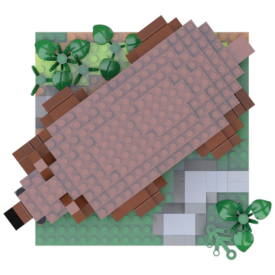 A top-down view of a building block set featuring a large brown rectangular structure with rounded corners, surrounded by green leafy plants and gray and green baseplates on a white background.