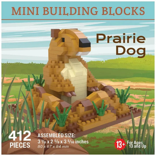 Front packaging of a mini building blocks set featuring an assembled prairie dog model. The box shows a tan and cream prairie dog built from toy blocks, with grass and a simple landscape background.
