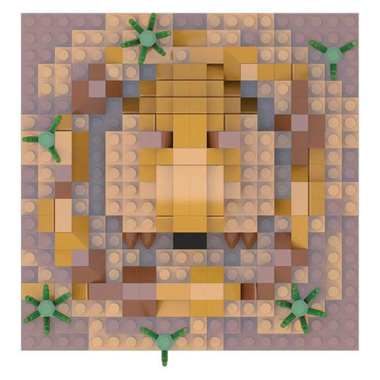 A square mosaic-style artwork made of tan, brown, beige, and muted gold blocks, with four green five-point star-like shapes placed near the corners and one near the bottom center. The piece is shown flat against a plain white background.