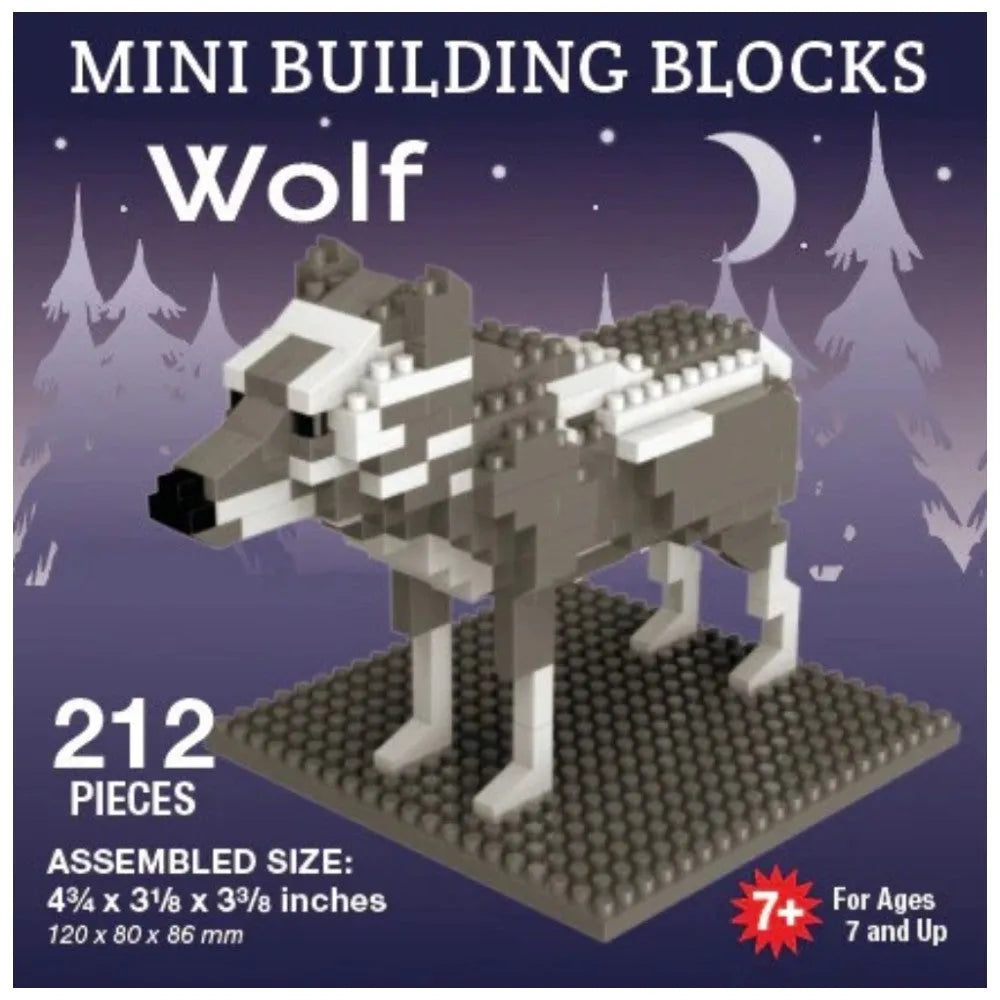 Mini building blocks set of a wolf with packaging details on a purple background