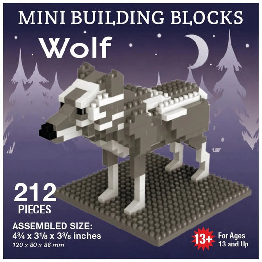 Mini building blocks wolf toy set with 212 pieces, shown assembled on a base plate against a dark purple forest night background. Text on the image includes &