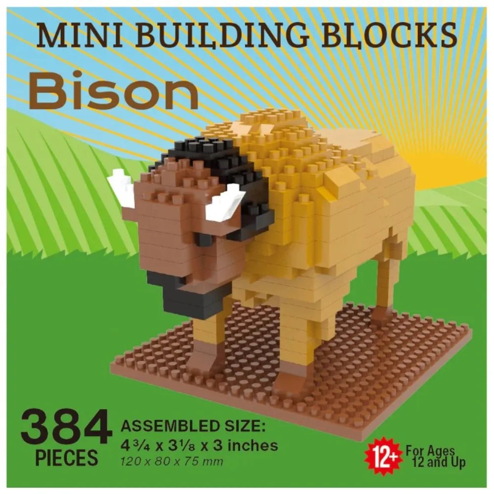 Mini building blocks Bison set on a green grass and blue sky background