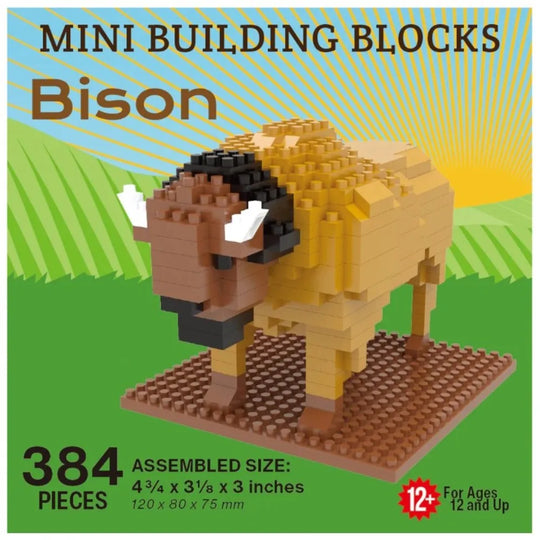 Mini building blocks Bison set on a green grass and blue sky background