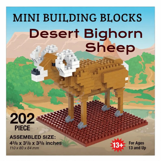 A product packaging graphic for a mini building blocks set that constructs a desert bighorn sheep. The graphic shows the assembled brown and white block-built sheep on a reddish-brown base, set against a stylized desert landscape background.