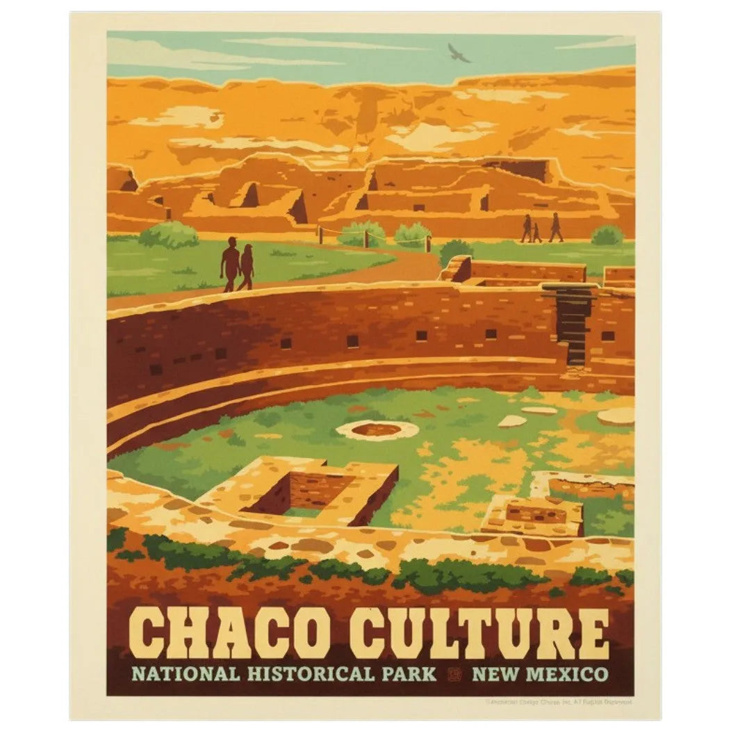 A vintage-style travel poster for Chaco Culture National Historical Park in New Mexico, featuring warm orange and tan ruins with green grass, a light blue sky, and bold text at the bottom.