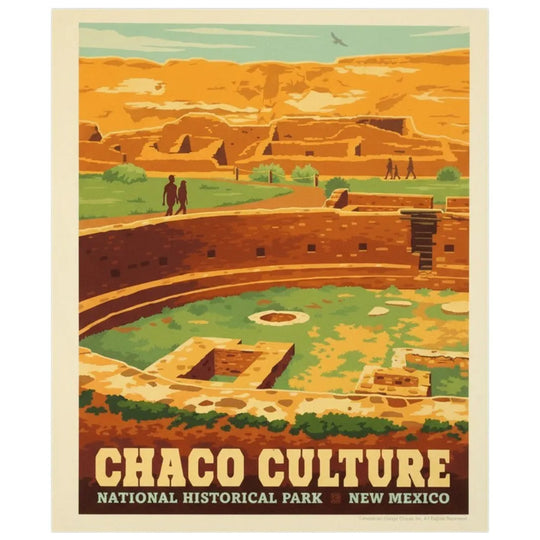 A vintage-style travel poster for Chaco Culture National Historical Park in New Mexico, featuring warm orange and tan ruins with green grass, a light blue sky, and bold text at the bottom.
