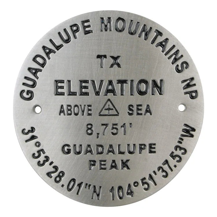 Hiking stick medallion with elevation details of Guadalupe Mountains National Park, Texas.