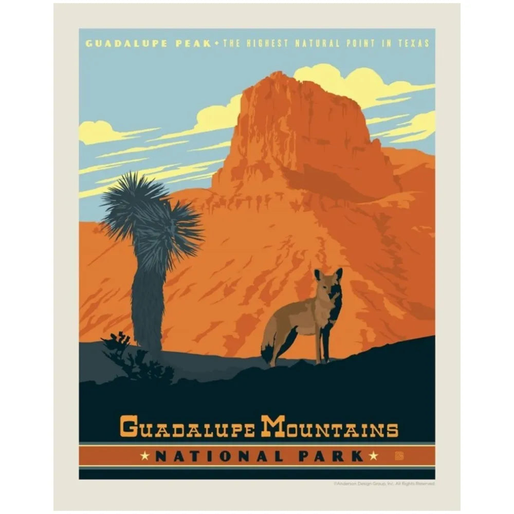 A vintage-style travel poster for Guadalupe Mountains National Park, featuring an orange rock formation, a blue sky, a palm tree, and a coyote, with text reading 'Guadalupe Peak - The Highest Natural Point in Texas' and 'Guadalupe Mountains National Park'.