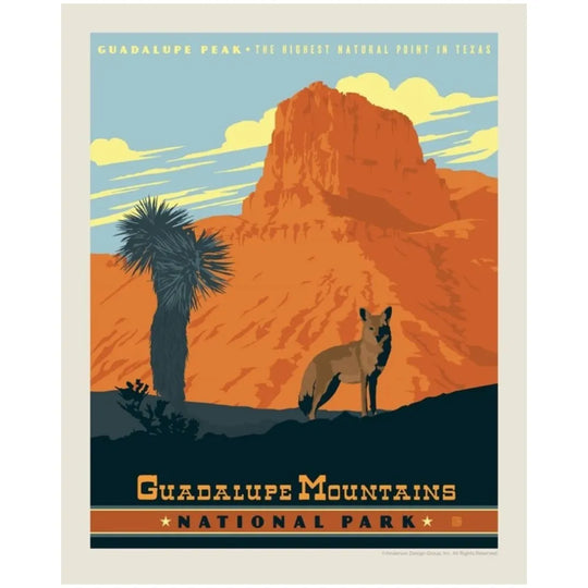A vintage-style travel poster for Guadalupe Mountains National Park, featuring an orange rock formation, a blue sky, a palm tree, and a coyote, with text reading &