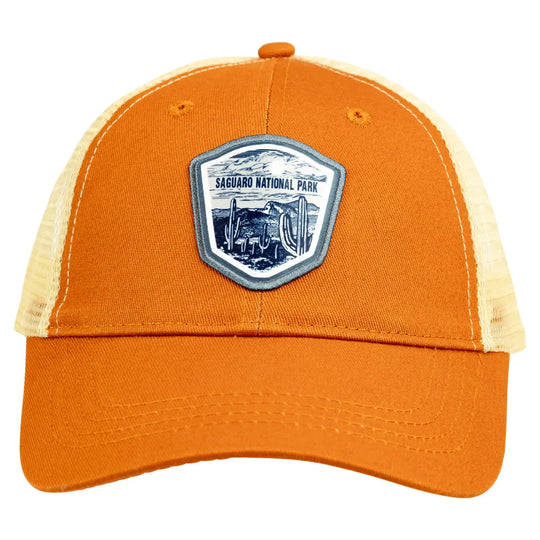 Orange cap with a mesh back and Saguaro National Park patch on a white background