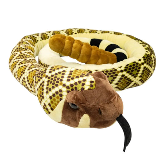 Plush rattlesnake toy with a brown and yellow pattern on a white background