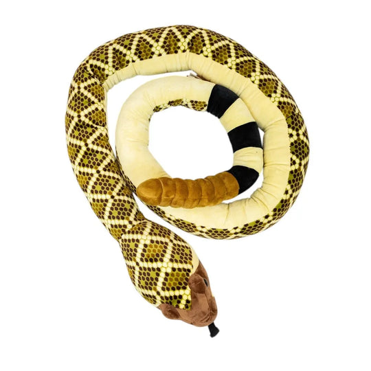 Plush snake toy with a coiled body on a white background