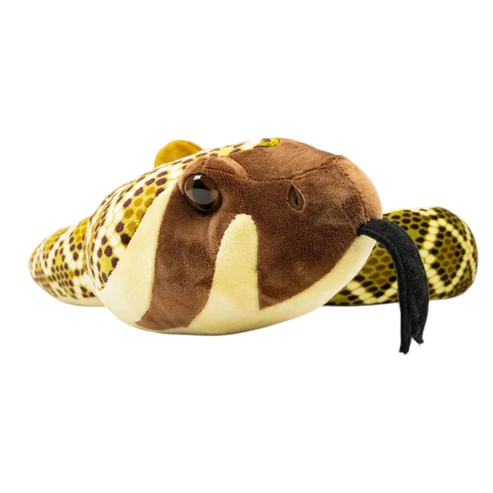 Plush toy resembling a rattlesnake with brown, yellow, and black colors on a white background
