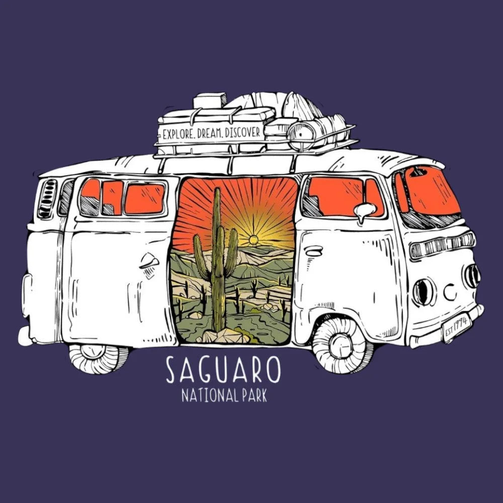 Illustration of a van with a scenic view and 'Saguaro National Park' text on a dark background