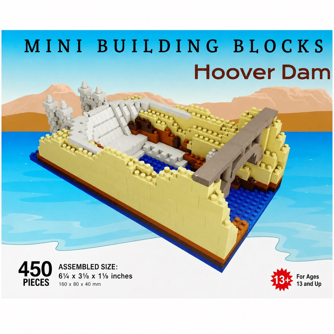 Mini Building Blocks Hoover Dam set packaging showing the assembled brick-built dam and reservoir on a blue water base, with text reading 'MINI BUILDING BLOCKS Hoover Dam' and '450 PIECES'.