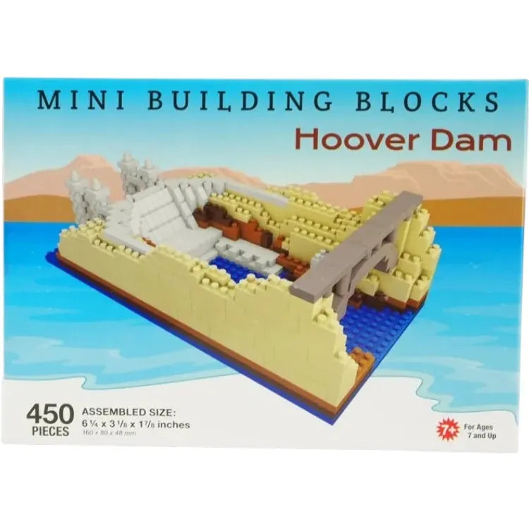 Box of mini building blocks depicting the Hoover Dam with a scenic background.
