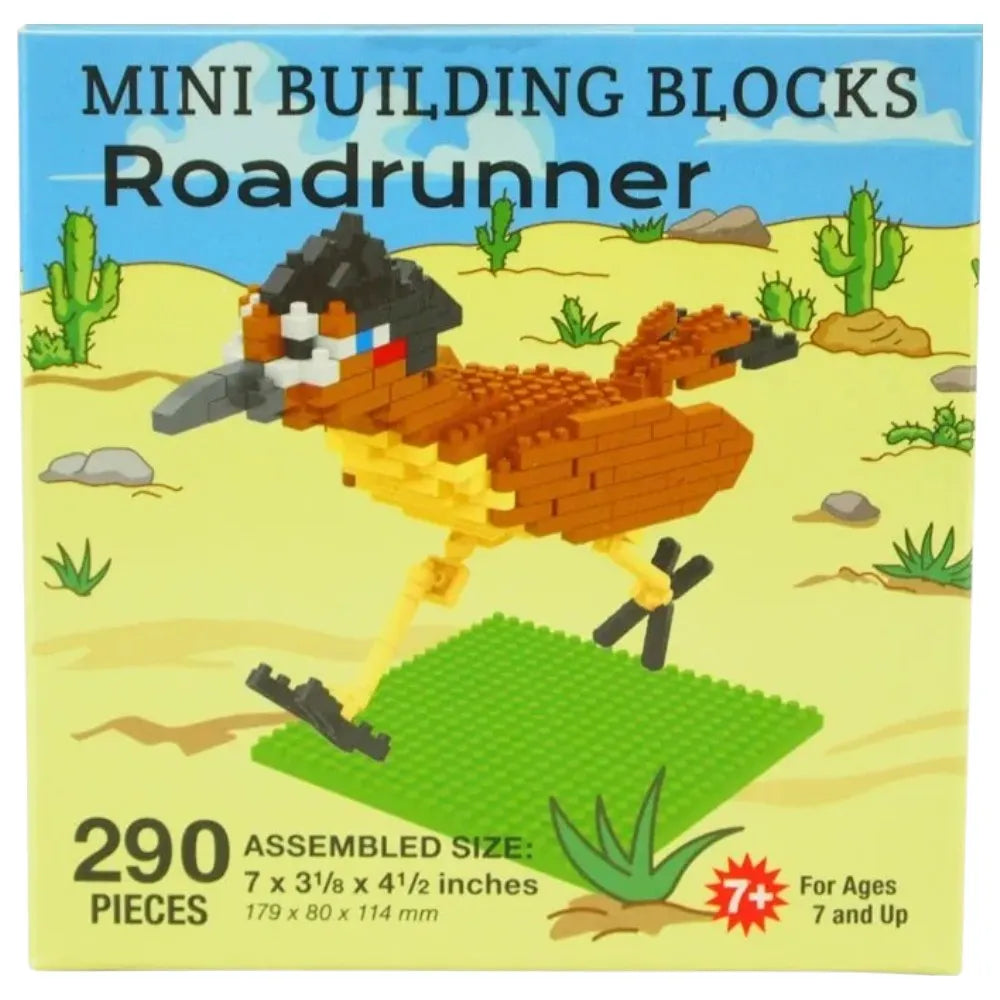 Box of Mini Building Blocks Roadrunner set with desert scene illustration
