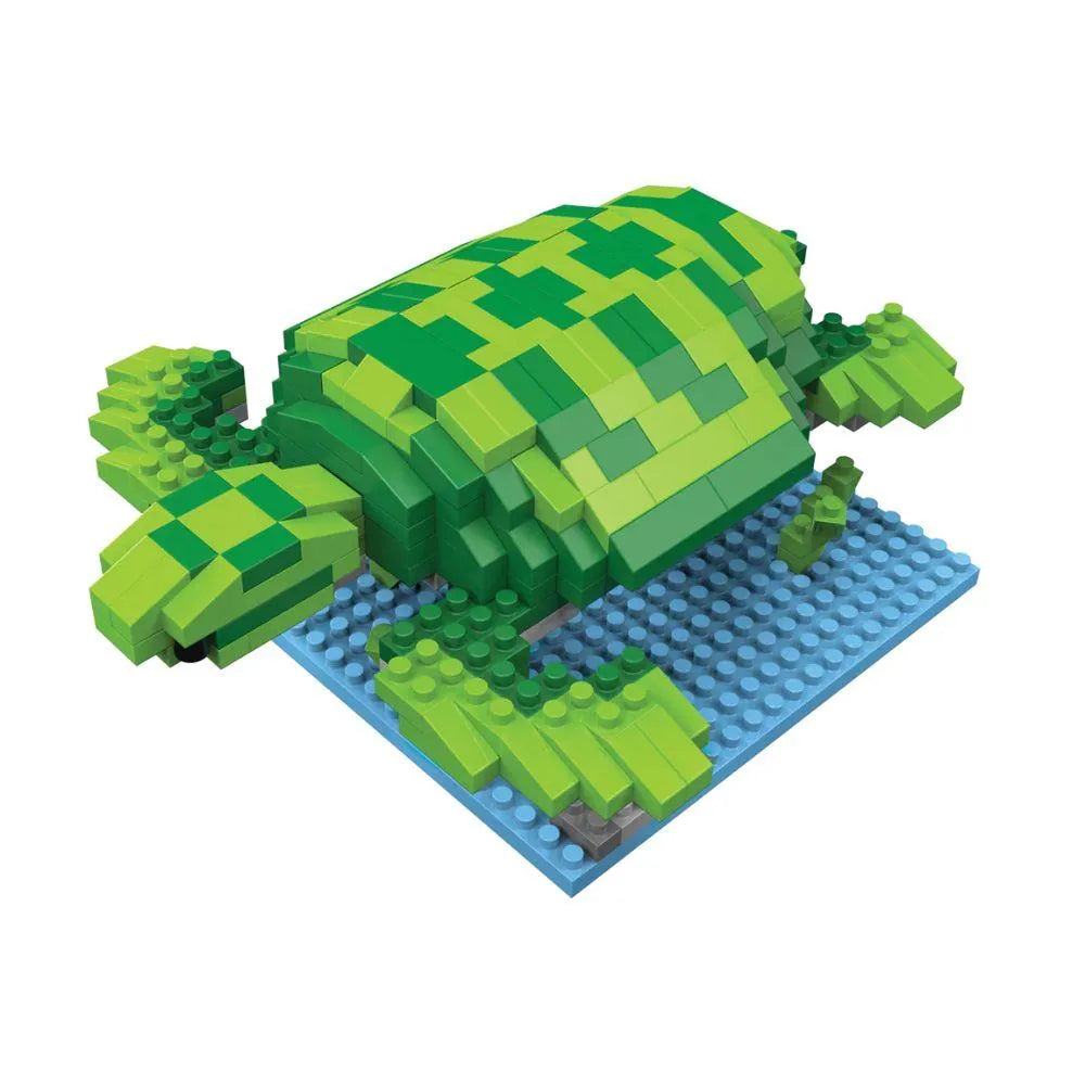 Green sea turtle mini block set against a white background