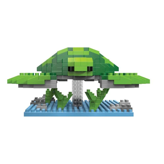 Green sea turtle mini block set against a white background