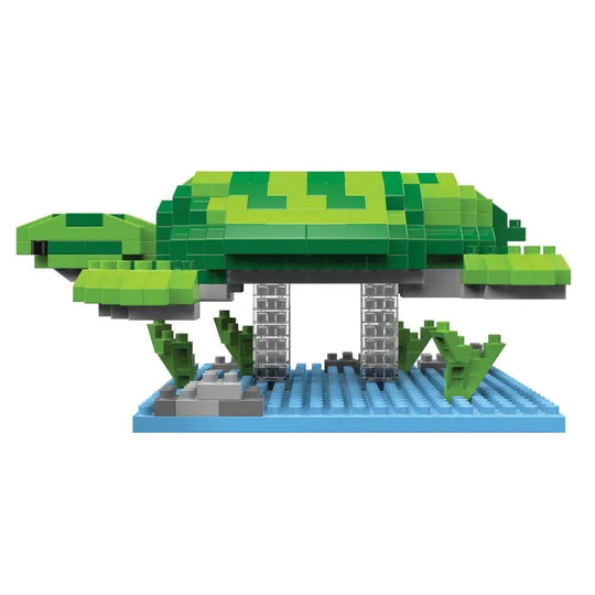Green sea turtle mini block set against a white background