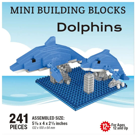 Mini building blocks set with dolphins on a blue baseplate, packaging indicates 241 pieces and assembled size.