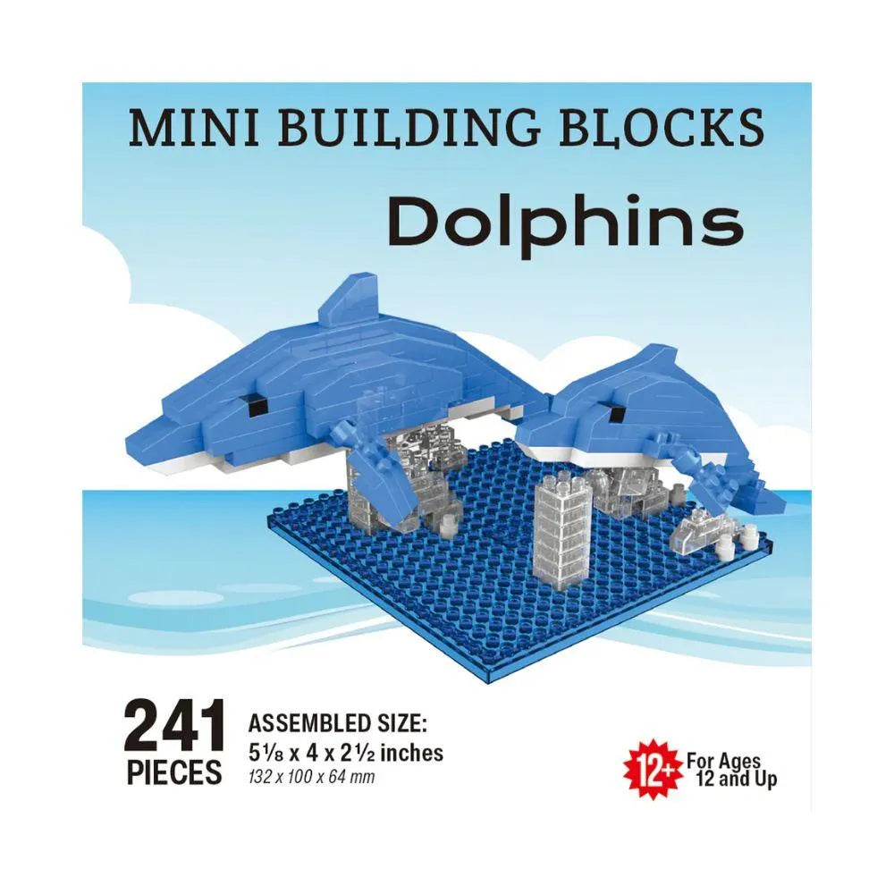 Mini building blocks set with dolphins on a blue baseplate, packaging indicates 241 pieces and assembled size.